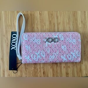 XOXO Pink and White Heart Rhinestone Logo Patterned Wristlet